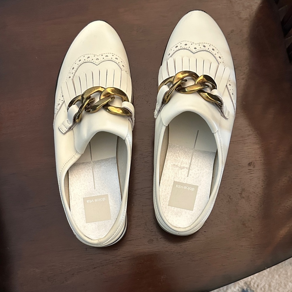 Dolce Vita White Flats with Gold Chain Accent